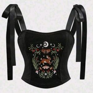 NEW Black velvet Corset Top with Embroidered Design Moon And Rabbit